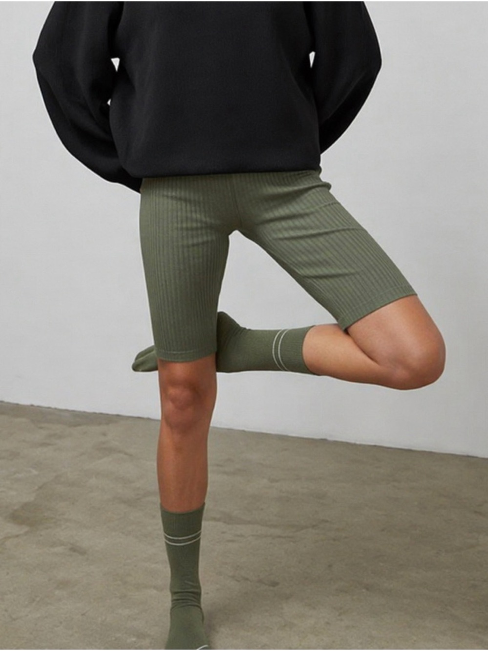 LUNYA Cozy Cotton Silk Ribbed Bike Shorts in Humble Green